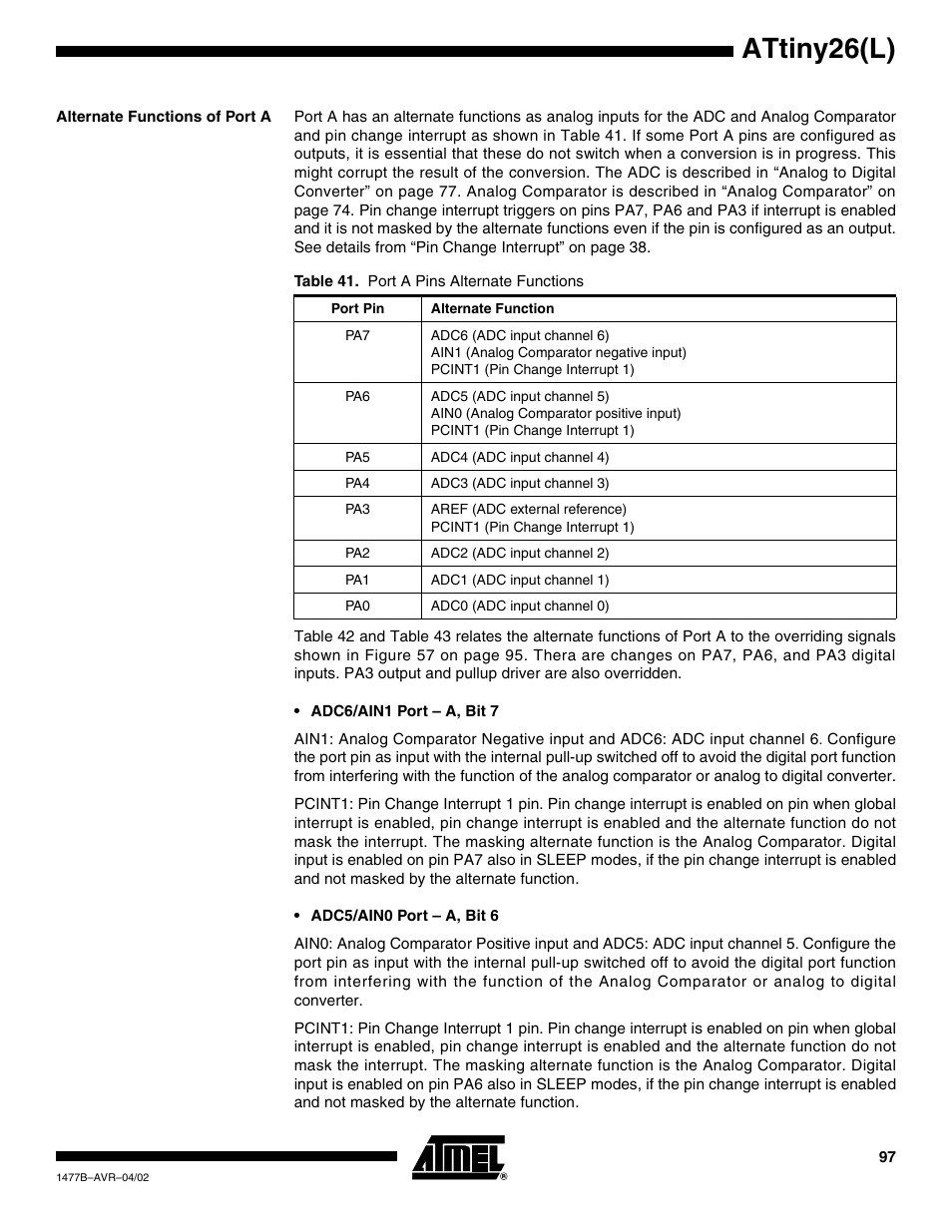 Alternate functions of port a, Attiny26(l) | Rainbow Electronics ATtiny26L User Manual | Page 97 / 151