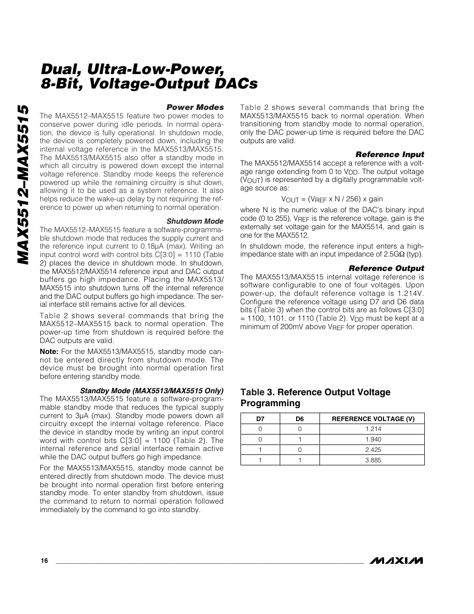 Table 3. reference output voltage programming | Rainbow Electronics MAX5515 User Manual | Page 16 / 23