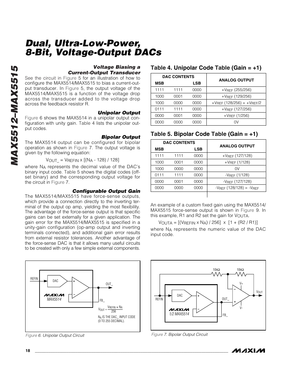 Dual, ultra-low-power, 8-bit, voltage-output dacs, Table 4. unipolar code table (gain = +1), Table 5. bipolar code table (gain = +1) | Rainbow Electronics MAX5515 User Manual | Page 18 / 23