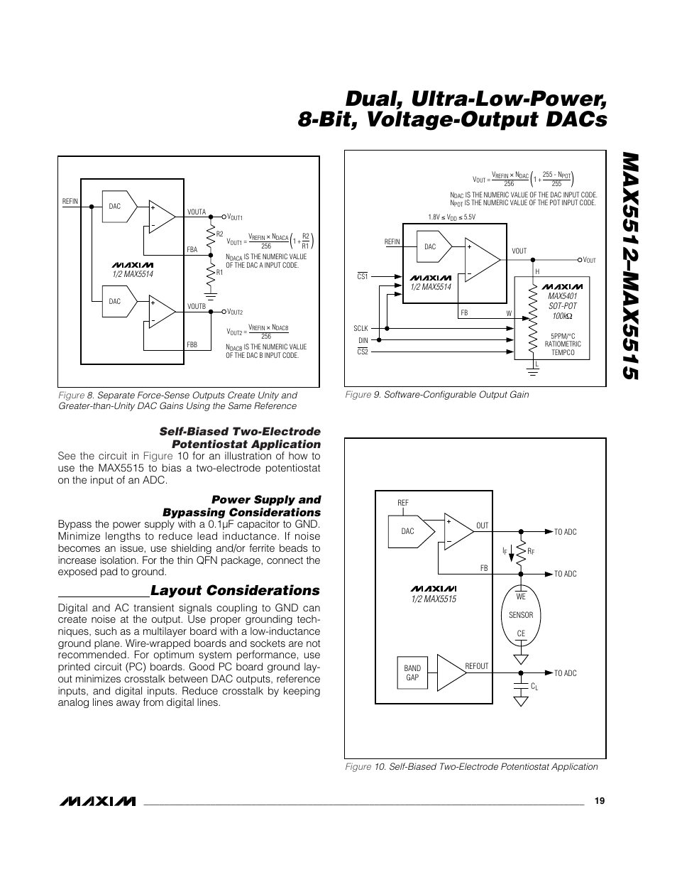 Layout considerations, Self-biased two-electrode potentiostat application, Power supply and bypassing considerations | Rainbow Electronics MAX5515 User Manual | Page 19 / 23