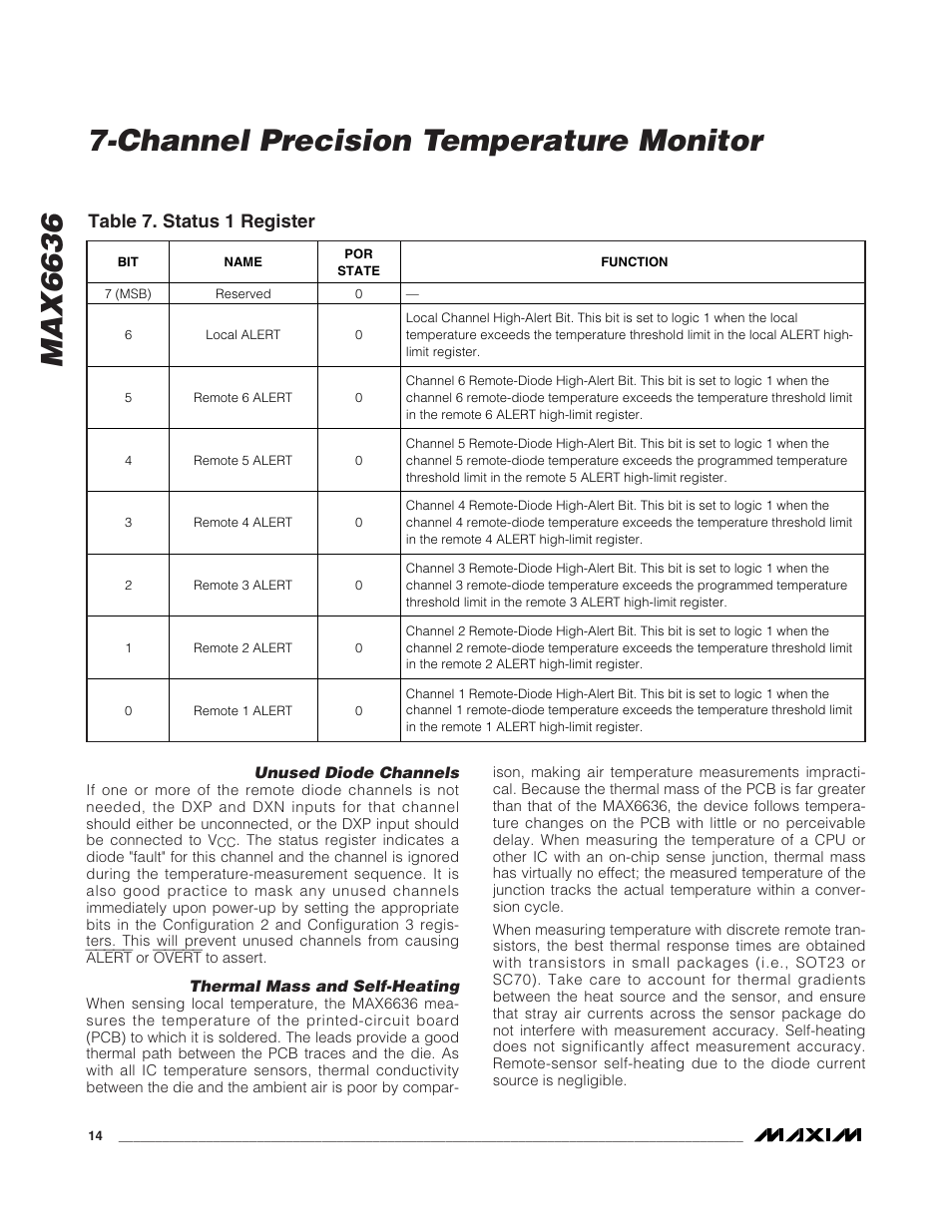 Max6636, Channel precision temperature monitor, Table 7. status 1 register | Rainbow Electronics MAX6636 User Manual | Page 14 / 18