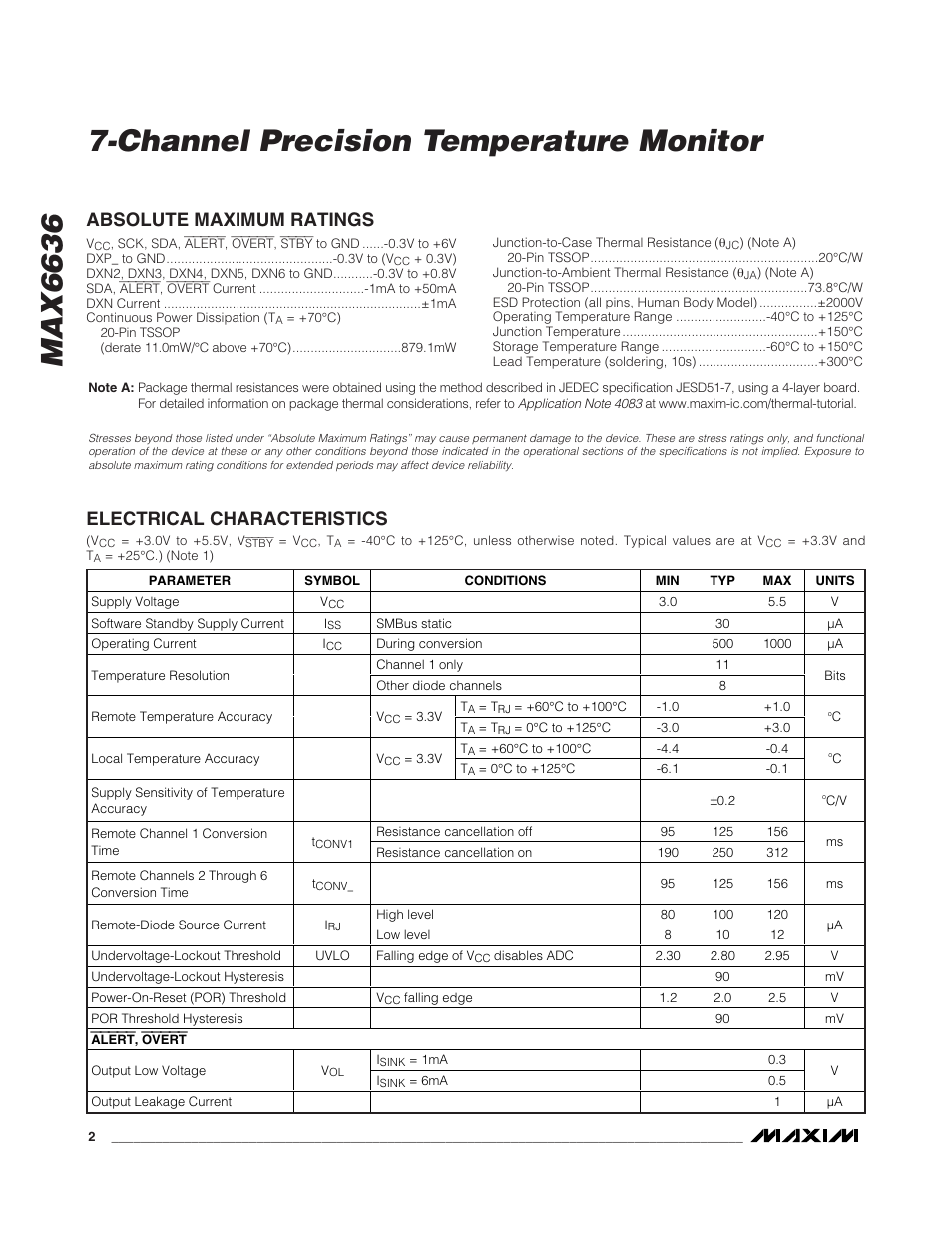 Absolute maximum ratings, Electrical characteristics | Rainbow Electronics MAX6636 User Manual | Page 2 / 18