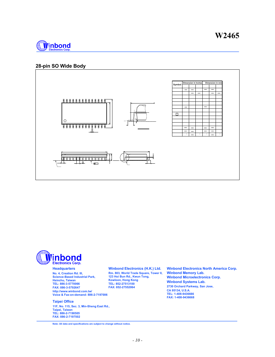 W2465, Pin so wide body, Package dimensions, continued | Headquarters, Taipei office, Winbond electronics (h.k.) ltd | Rainbow Electronics W2465 User Manual | Page 10 / 10