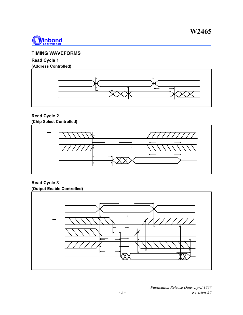 W2465, Timing waveforms, Read cycle 1 | Read cycle 2, Read cycle 3, Address controlled), Chip select controlled), Output enable controlled) | Rainbow Electronics W2465 User Manual | Page 5 / 10
