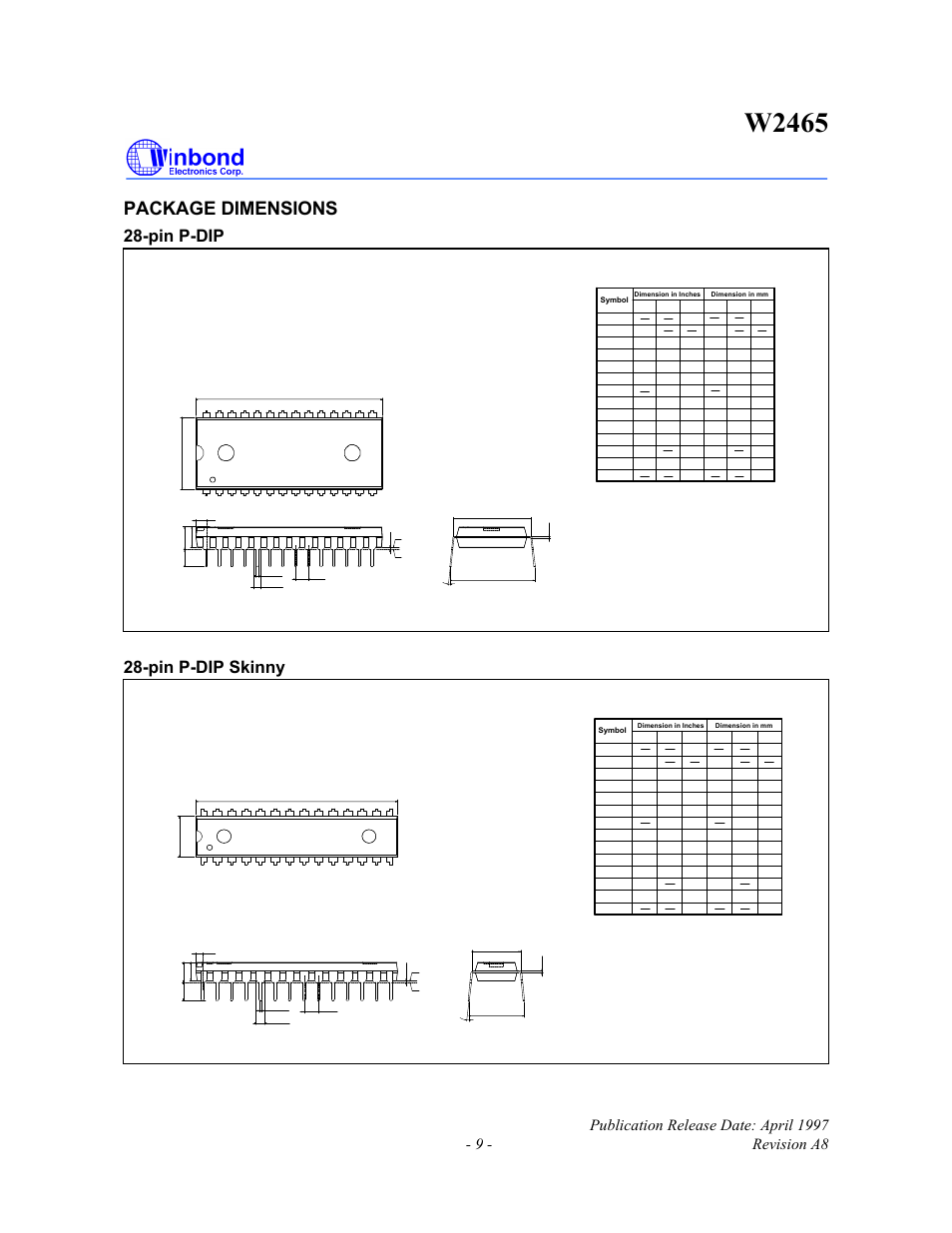 W2465, Package dimensions, Pin p-dip | Pin p-dip skinny | Rainbow Electronics W2465 User Manual | Page 9 / 10
