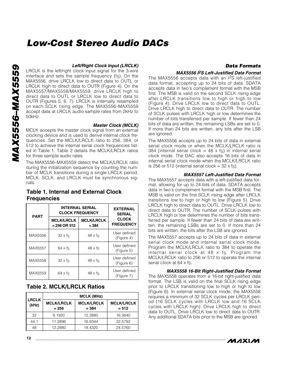 Low-cost stereo audio dacs, Table 1. internal and external clock frequencies, Table 2. mclk/lrclk ratios | Rainbow Electronics MAX5559 User Manual | Page 12 / 19
