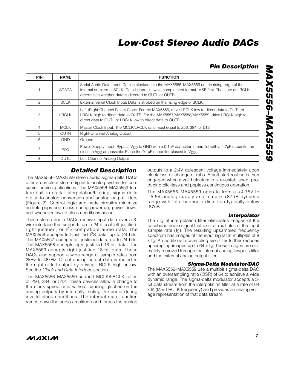 Low-cost stereo audio dacs, Detailed description, Pin description | Rainbow Electronics MAX5559 User Manual | Page 7 / 19