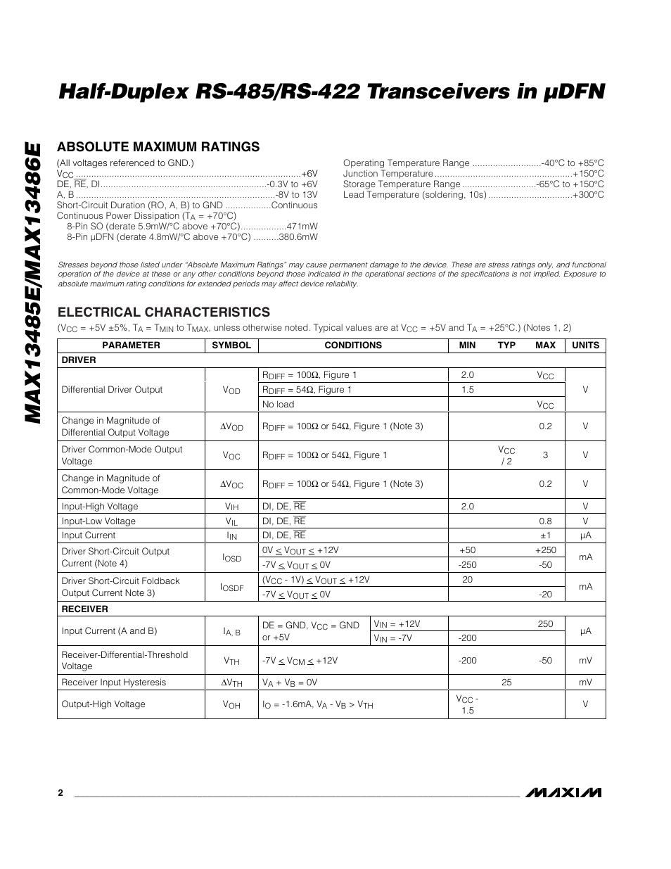 Absolute maximum ratings, Electrical characteristics | Rainbow Electronics MAX13486E User Manual | Page 2 / 16