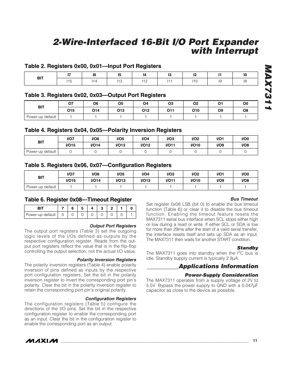 Applications information, Table 6. register 0x08—timeout register | Rainbow Electronics MAX7311 User Manual | Page 11 / 17