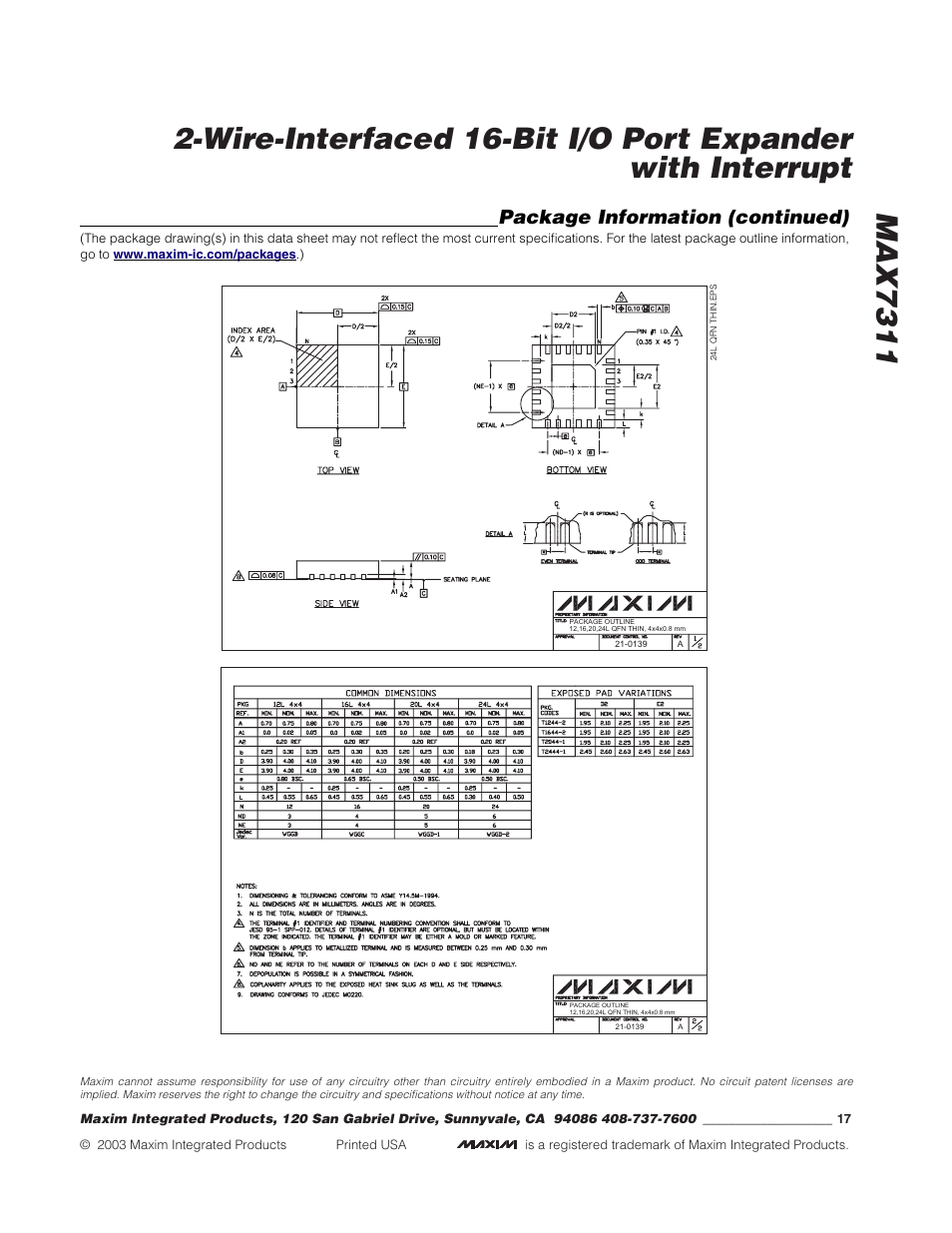 Package information (continued) | Rainbow Electronics MAX7311 User Manual | Page 17 / 17