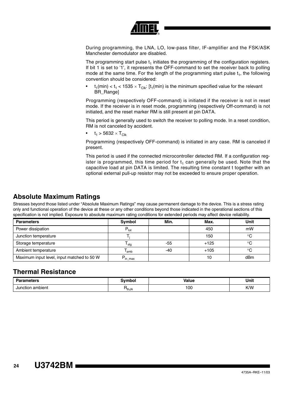 U3742bm, Absolute maximum ratings, Thermal resistance | Rainbow Electronics U3742BM User Manual | Page 24 / 32