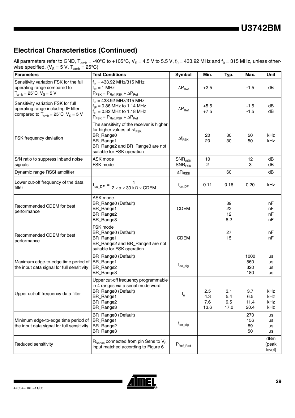 U3742bm, Electrical characteristics (continued) | Rainbow Electronics U3742BM User Manual | Page 29 / 32