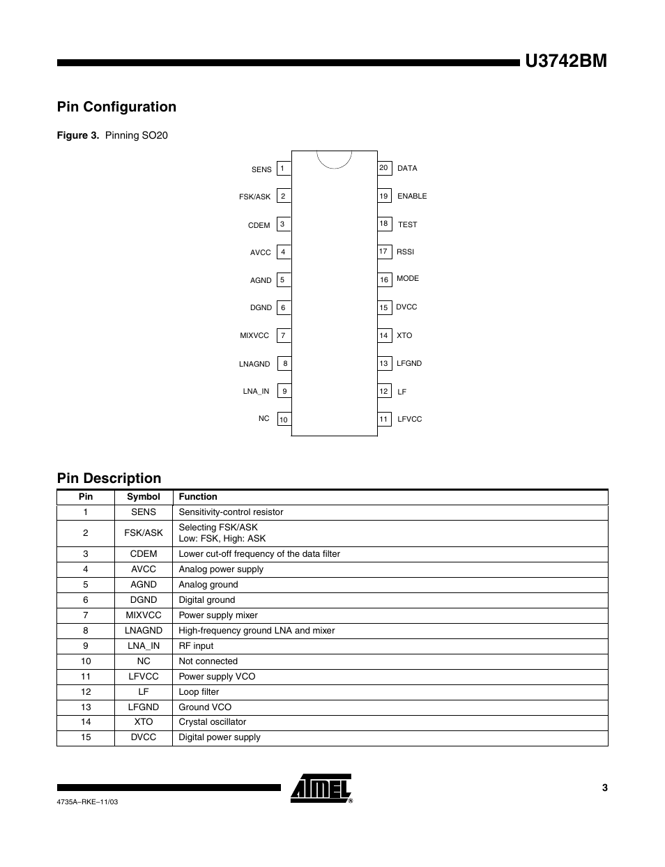 U3742bm, Pin configuration, Pin description | Rainbow Electronics U3742BM User Manual | Page 3 / 32