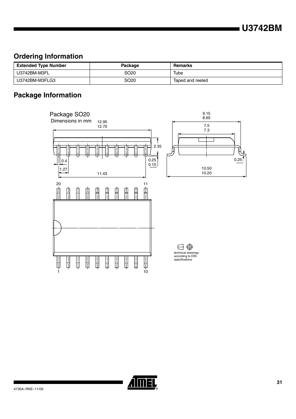 U3742bm, Package information ordering information, Package so20 | Rainbow Electronics U3742BM User Manual | Page 31 / 32