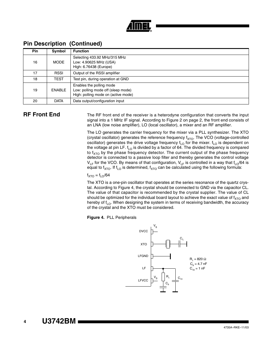 U3742bm, Rf front end, Pin description (continued) | Rainbow Electronics U3742BM User Manual | Page 4 / 32