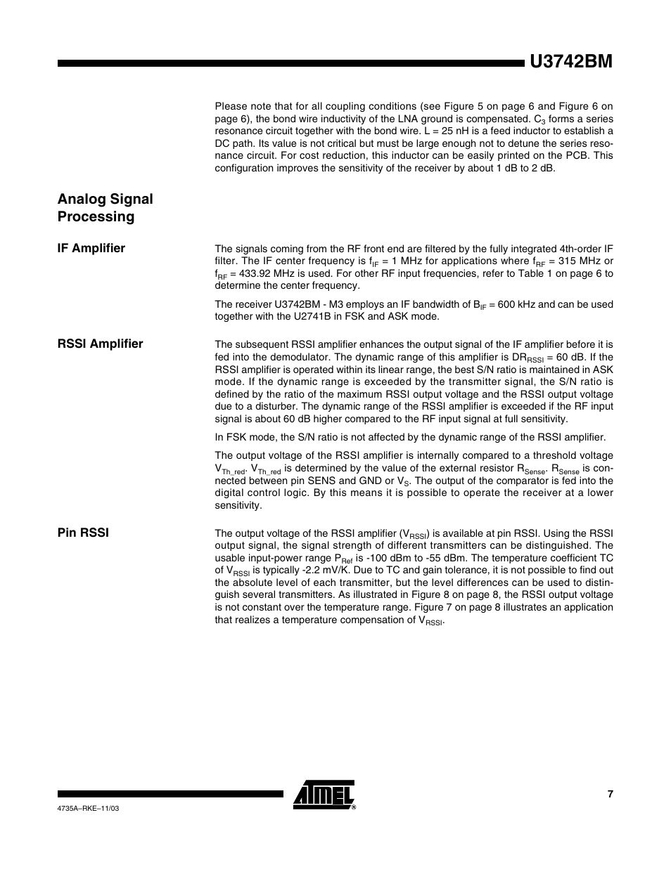 U3742bm, Analog signal processing, If amplifier | Rssi amplifier, Pin rssi | Rainbow Electronics U3742BM User Manual | Page 7 / 32