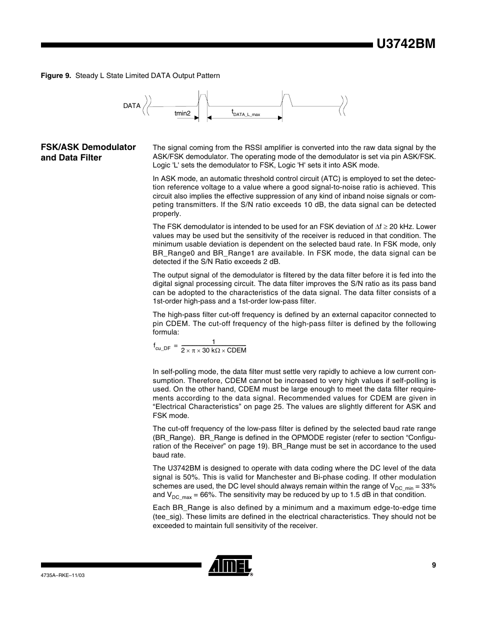 U3742bm, Fsk/ask demodulator and data filter | Rainbow Electronics U3742BM User Manual | Page 9 / 32