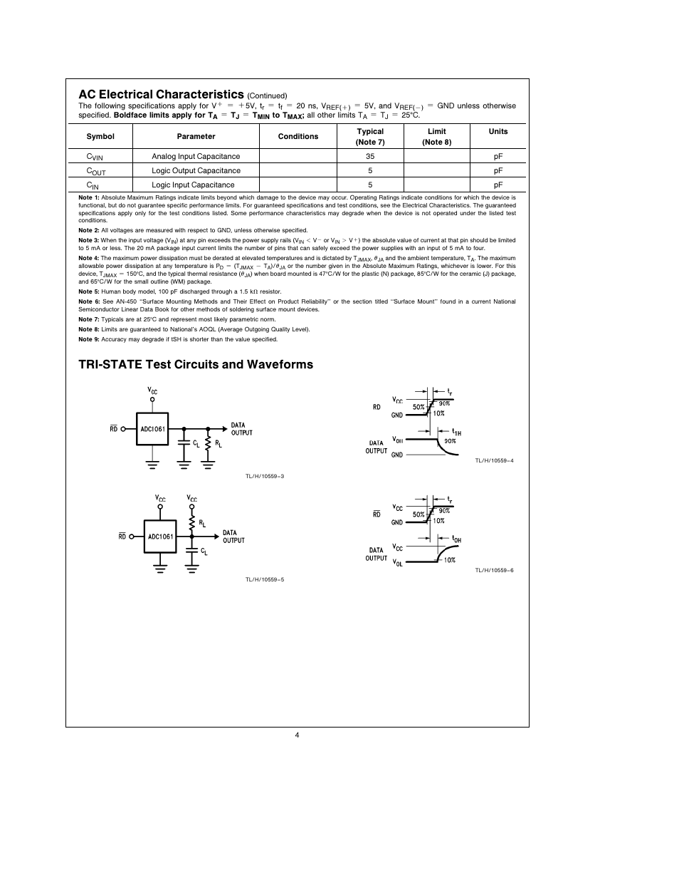 Ac electrical characteristics, Tri-state test circuits and waveforms | Rainbow Electronics ADC1061 User Manual | Page 4 / 12