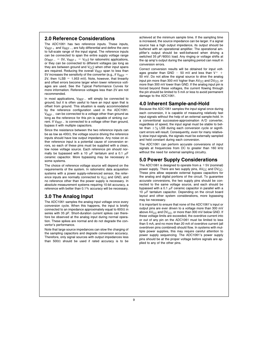2 0 reference considerations, 3 0 the analog input, 4 0 inherent sample-and-hold | 5 0 power supply considerations | Rainbow Electronics ADC1061 User Manual | Page 9 / 12