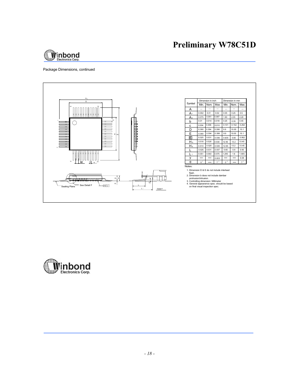 Preliminary w78c51d, Pin qfp, Package dimensions, continued | Headquarters, Taipei office, Winbond electronics (h.k.) ltd | Rainbow Electronics W78C51D User Manual | Page 18 / 18