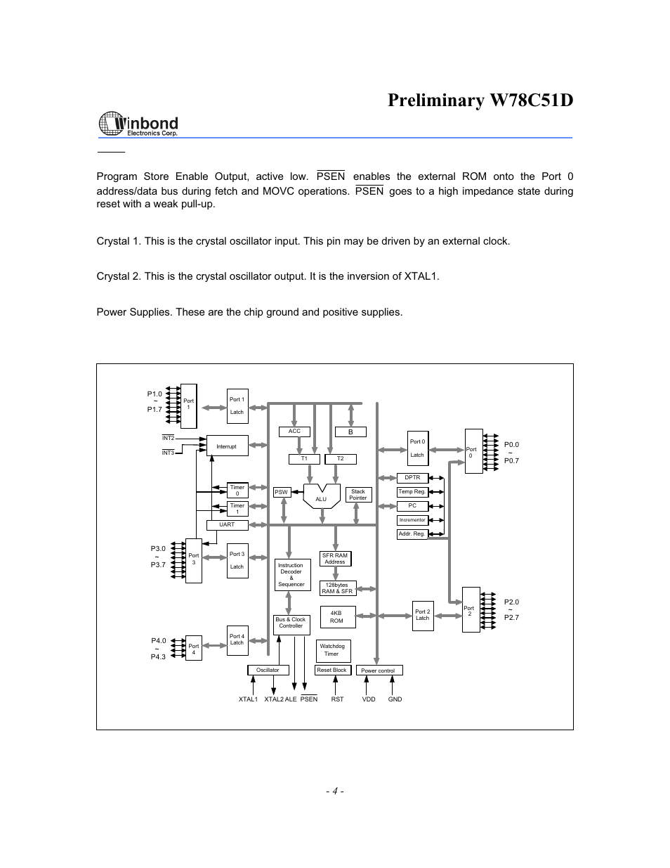 Preliminary w78c51d, Block diagram, Xtal1 | Xtal2, 4 - psen program store enable output, active low, Psen | Rainbow Electronics W78C51D User Manual | Page 4 / 18