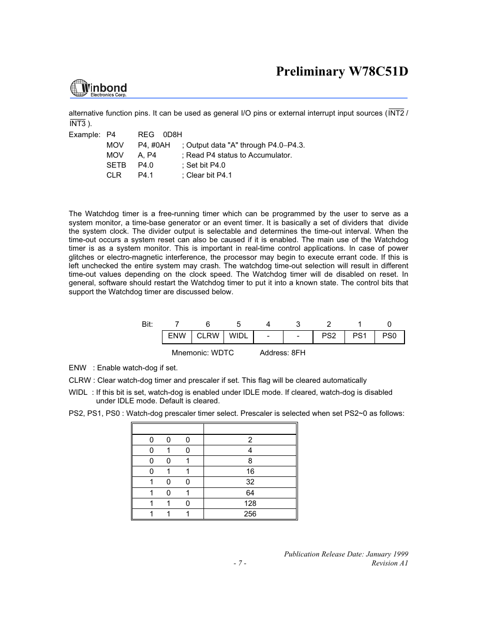 Preliminary w78c51d | Rainbow Electronics W78C51D User Manual | Page 7 / 18