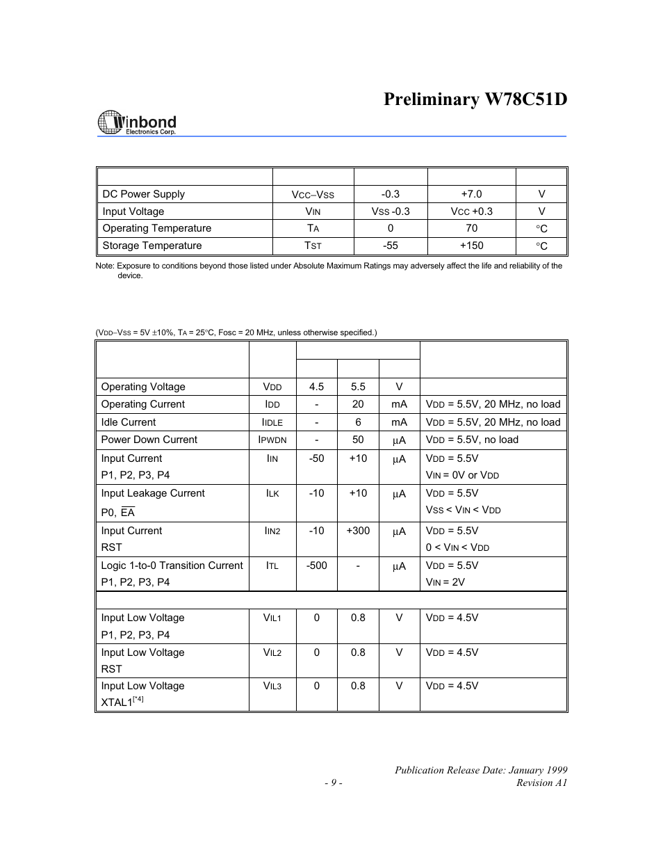 Preliminary w78c51d | Rainbow Electronics W78C51D User Manual | Page 9 / 18