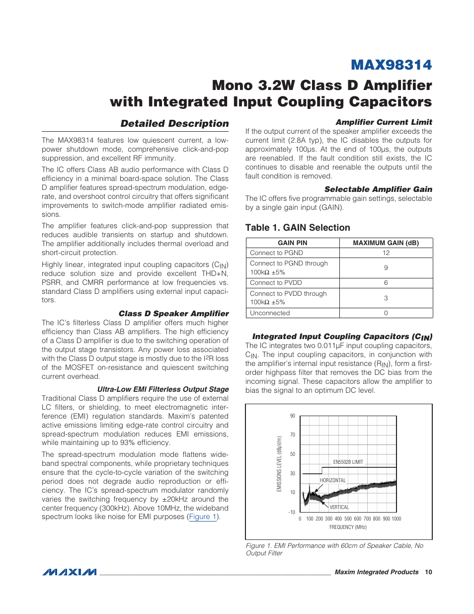 Detailed description, Class d speaker amplifier, Ultra-low emi filterless output stage | Amplifier current limit, Selectable amplifier gain, Integrated input coupling capacitors (cin), Table 1. gain selection | Rainbow Electronics MAX98314 User Manual | Page 10 / 14