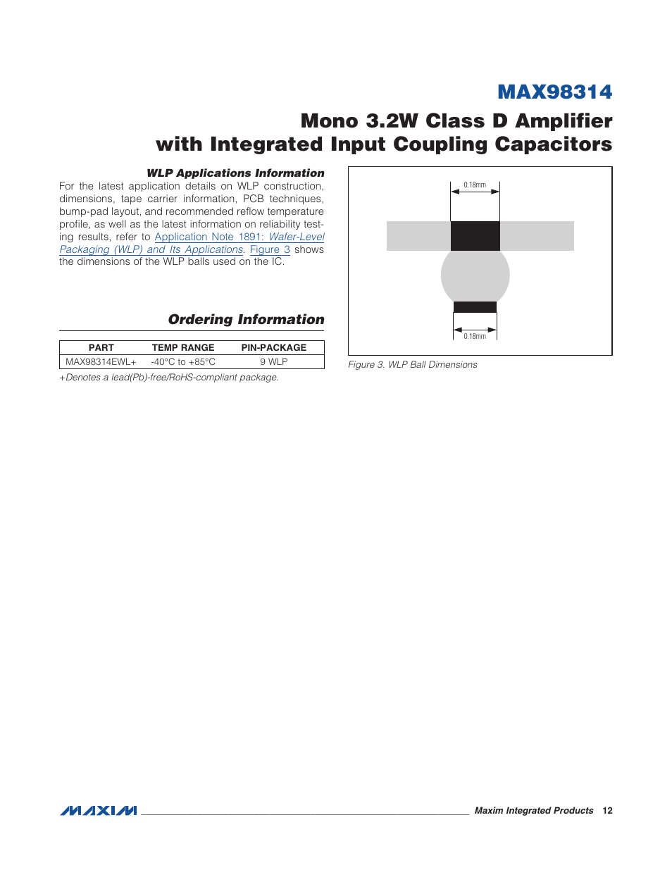 Wlp applications information, Ordering information, Figure 3. wlp ball dimensions | Rainbow Electronics MAX98314 User Manual | Page 12 / 14