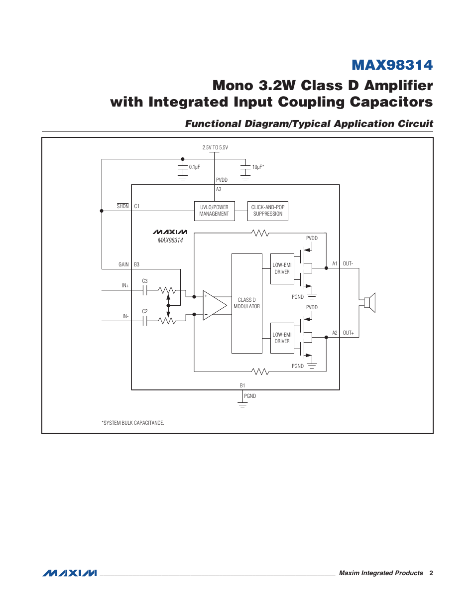Functional diagram/typical application circuit | Rainbow Electronics MAX98314 User Manual | Page 2 / 14