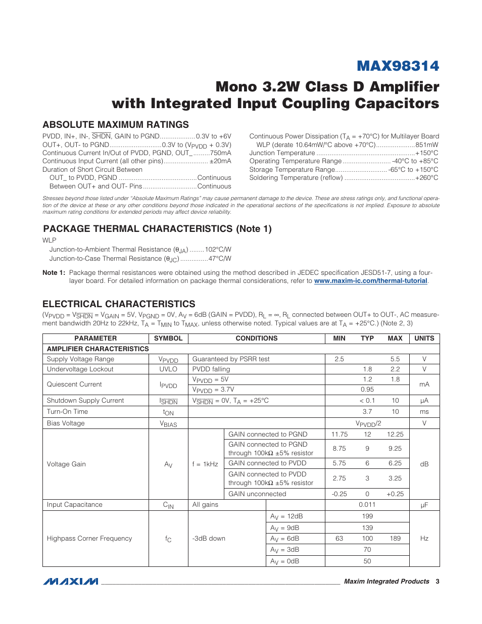 Absolute maximum ratings, Package thermal characteristics, Electrical characteristics | Rainbow Electronics MAX98314 User Manual | Page 3 / 14