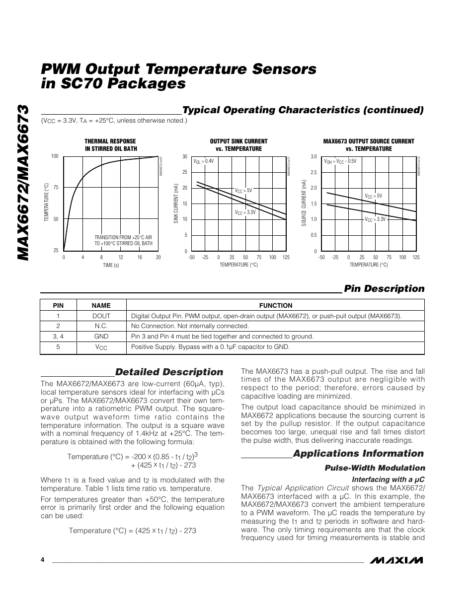 Detailed description, Applications information, Typical operating characteristics (continued) | Pin description, Pulse-width modulation | Rainbow Electronics MAX6673 User Manual | Page 4 / 6