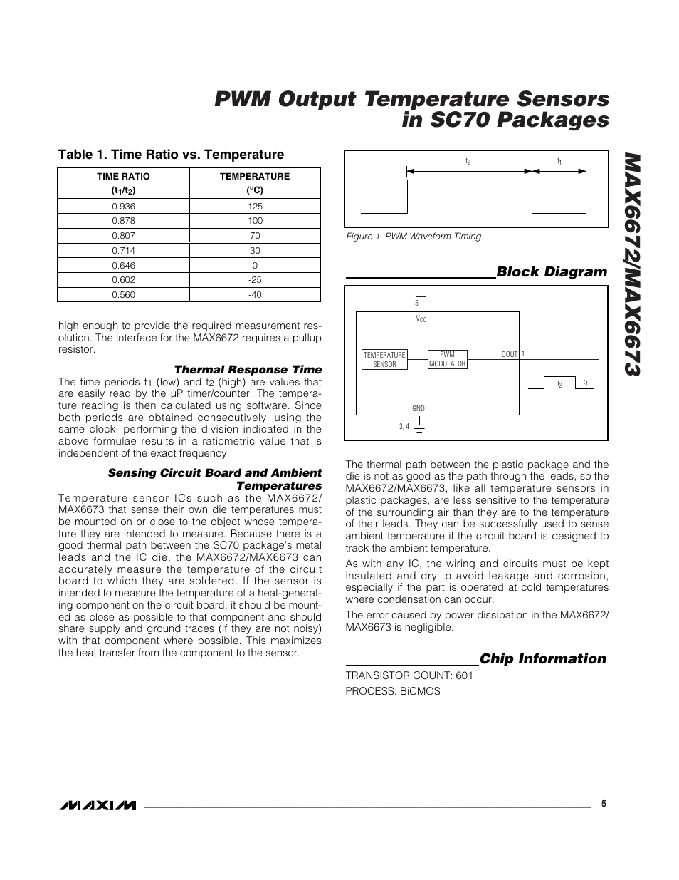 Chip information, Block diagram, Table 1. time ratio vs. temperature | Rainbow Electronics MAX6673 User Manual | Page 5 / 6