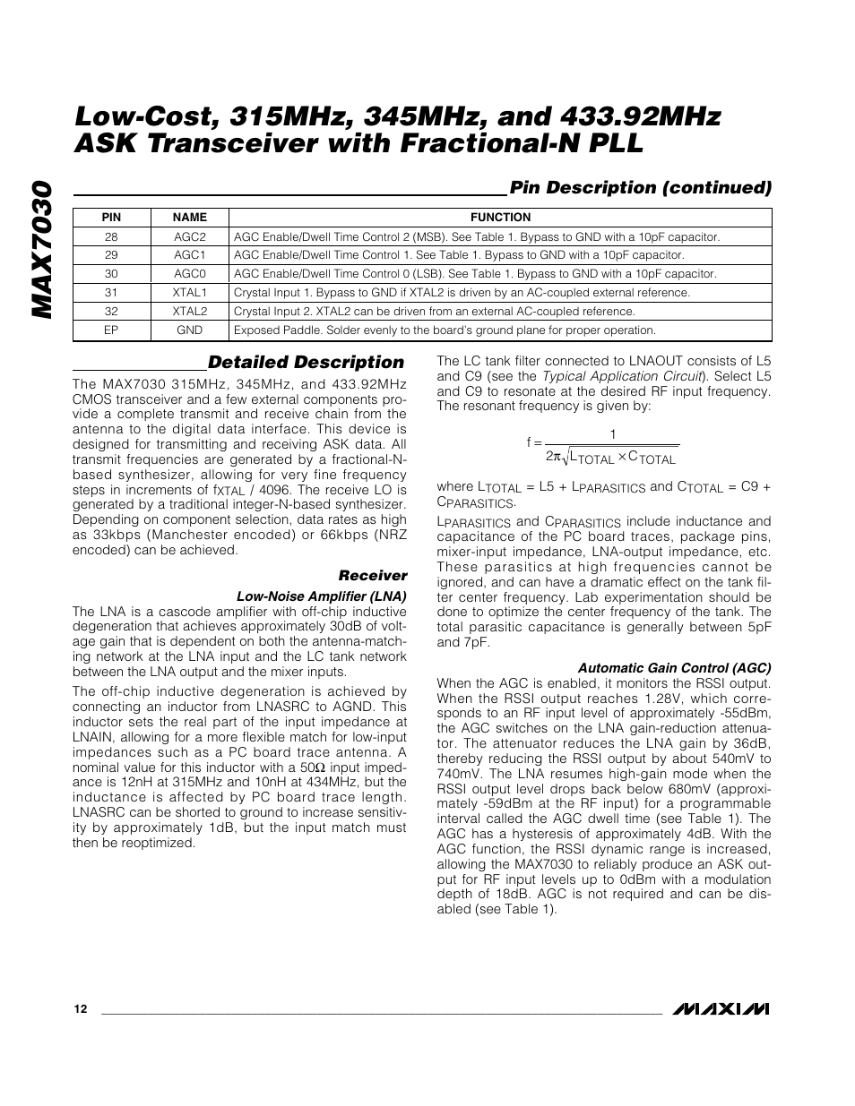 Detailed description, Pin description (continued) | Rainbow Electronics MAX7030 User Manual | Page 12 / 20