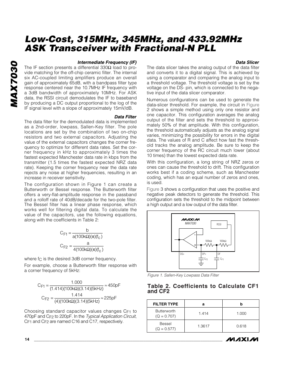 Table 2. coefficients to calculate cf1 and cf2 | Rainbow Electronics MAX7030 User Manual | Page 14 / 20