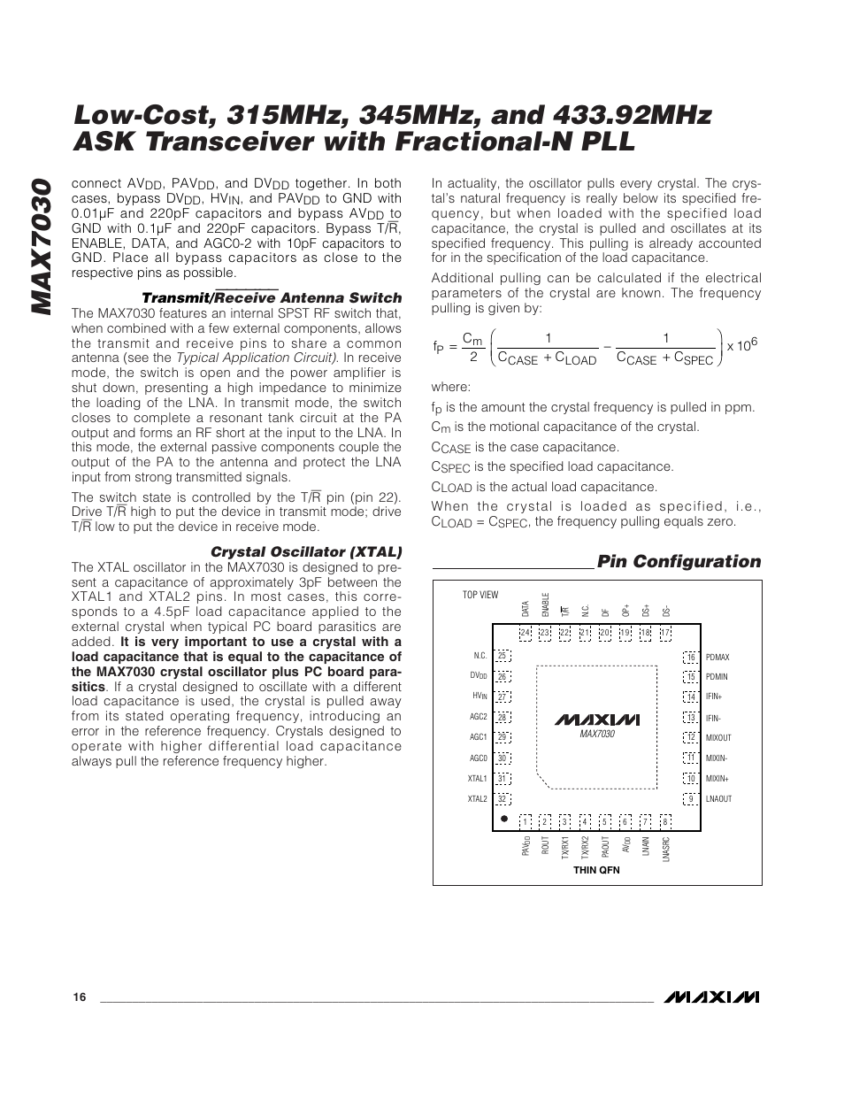Pin configuration, Receive | Rainbow Electronics MAX7030 User Manual | Page 16 / 20