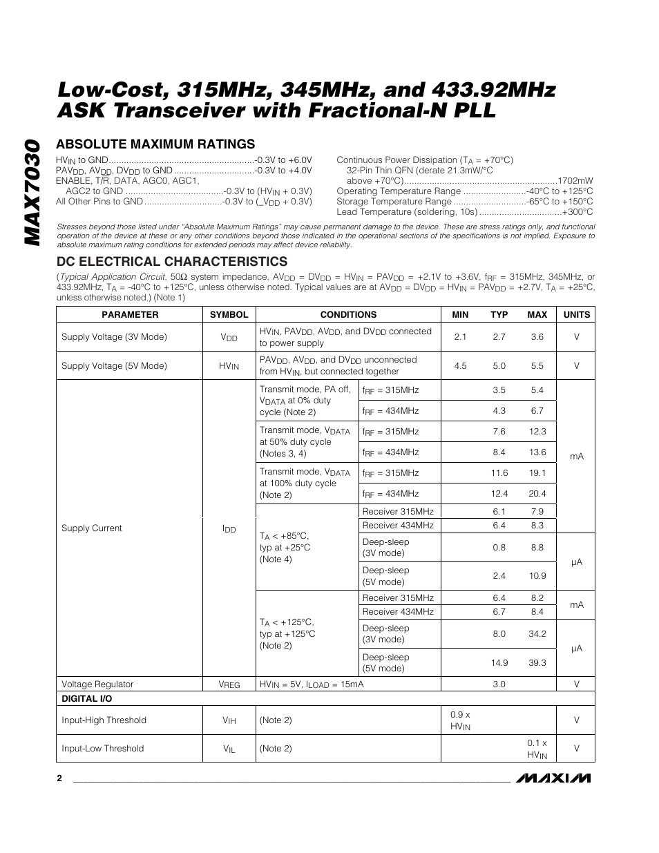 Absolute maximum ratings, Dc electrical characteristics | Rainbow Electronics MAX7030 User Manual | Page 2 / 20