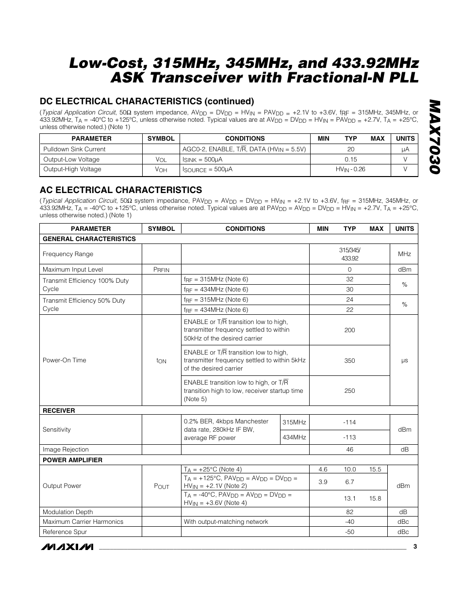 Ac electrical characteristics, Dc electrical characteristics (continued) | Rainbow Electronics MAX7030 User Manual | Page 3 / 20