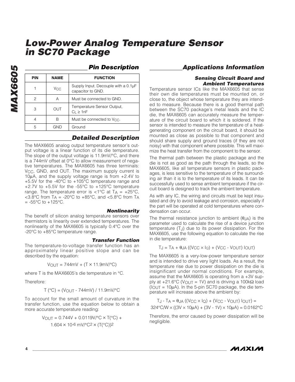Detailed description, Applications information, Pin description | Rainbow Electronics MAX6605 User Manual | Page 4 / 5