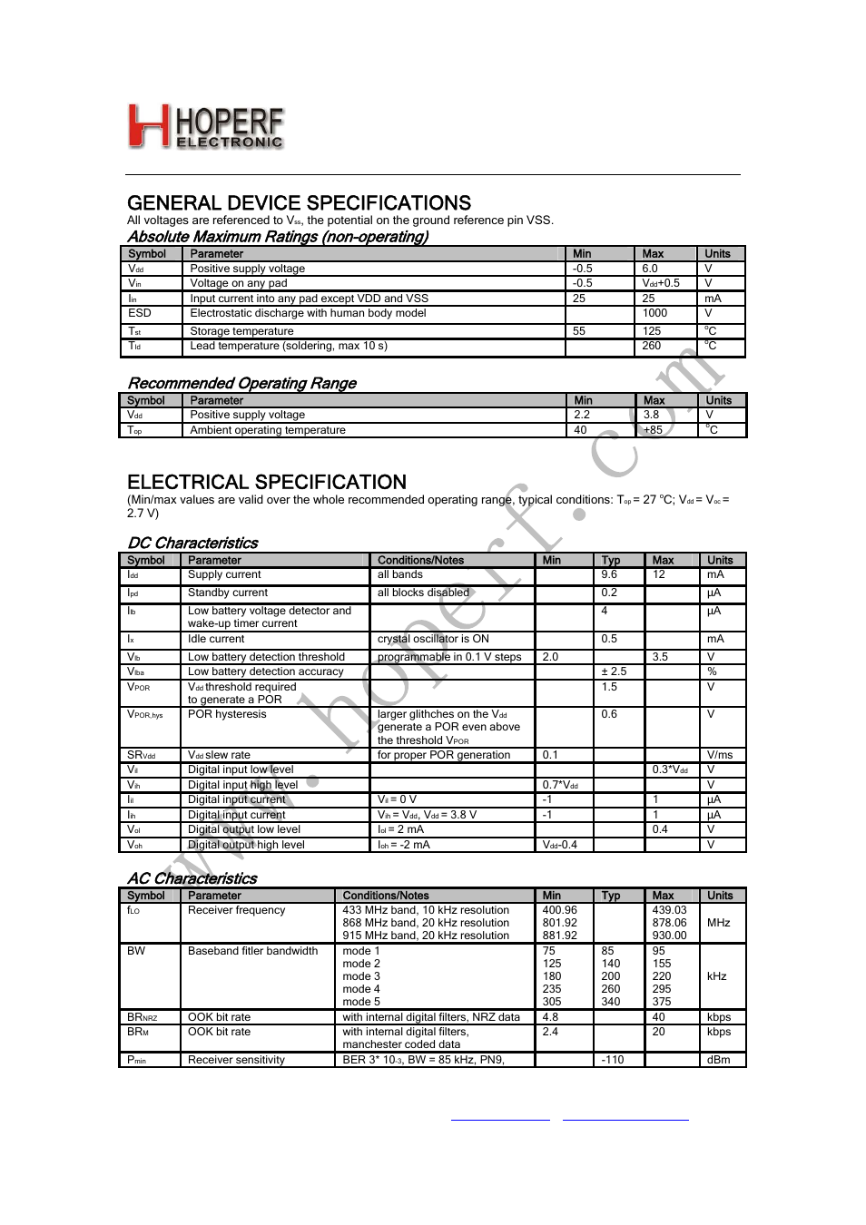 Ram01, General device specifications, Electrical specification | Absolute maximum ratings (non-operating), Recommended operating range, Dc characteristics, Ac characteristics | Rainbow Electronics RAM01 User Manual | Page 3 / 7