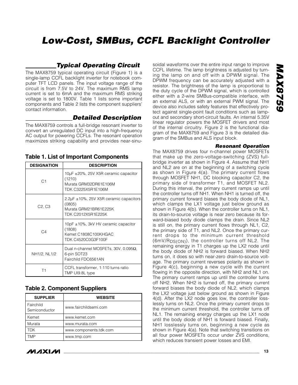 Max8759 low-cost, smbus, ccfl backlight controller, Typical operating circuit, Detailed description | Table 1. list of important components, Table 2. component suppliers | Rainbow Electronics MAX8759 User Manual | Page 13 / 31