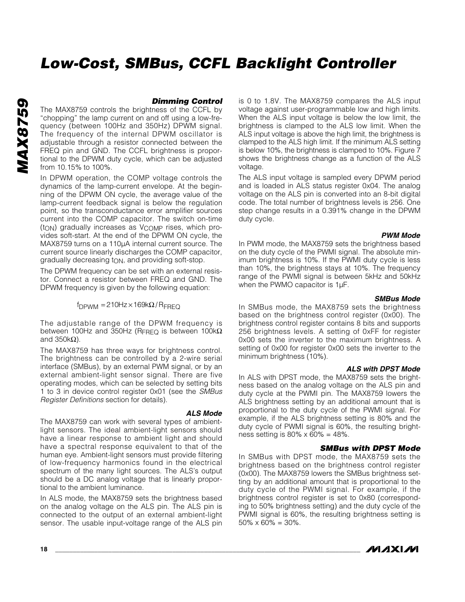 Max8759, Low-cost, smbus, ccfl backlight controller | Rainbow Electronics MAX8759 User Manual | Page 18 / 31