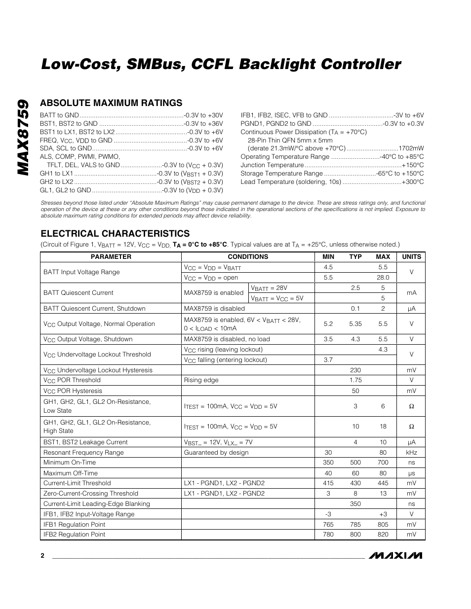 Max8759 low-cost, smbus, ccfl backlight controller | Rainbow Electronics MAX8759 User Manual | Page 2 / 31