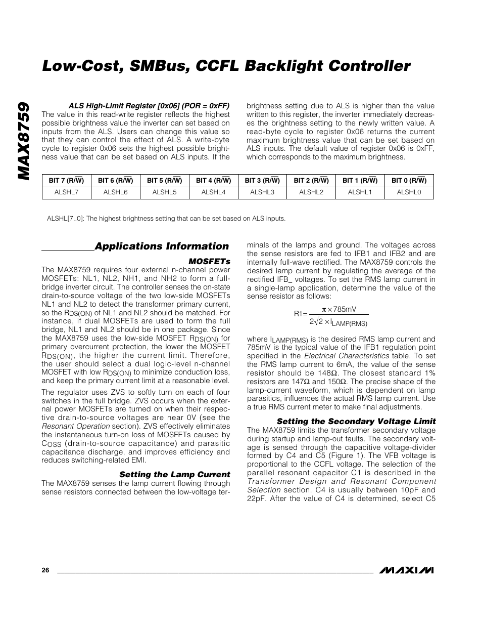 Max8759, Low-cost, smbus, ccfl backlight controller, Applications information | Rainbow Electronics MAX8759 User Manual | Page 26 / 31