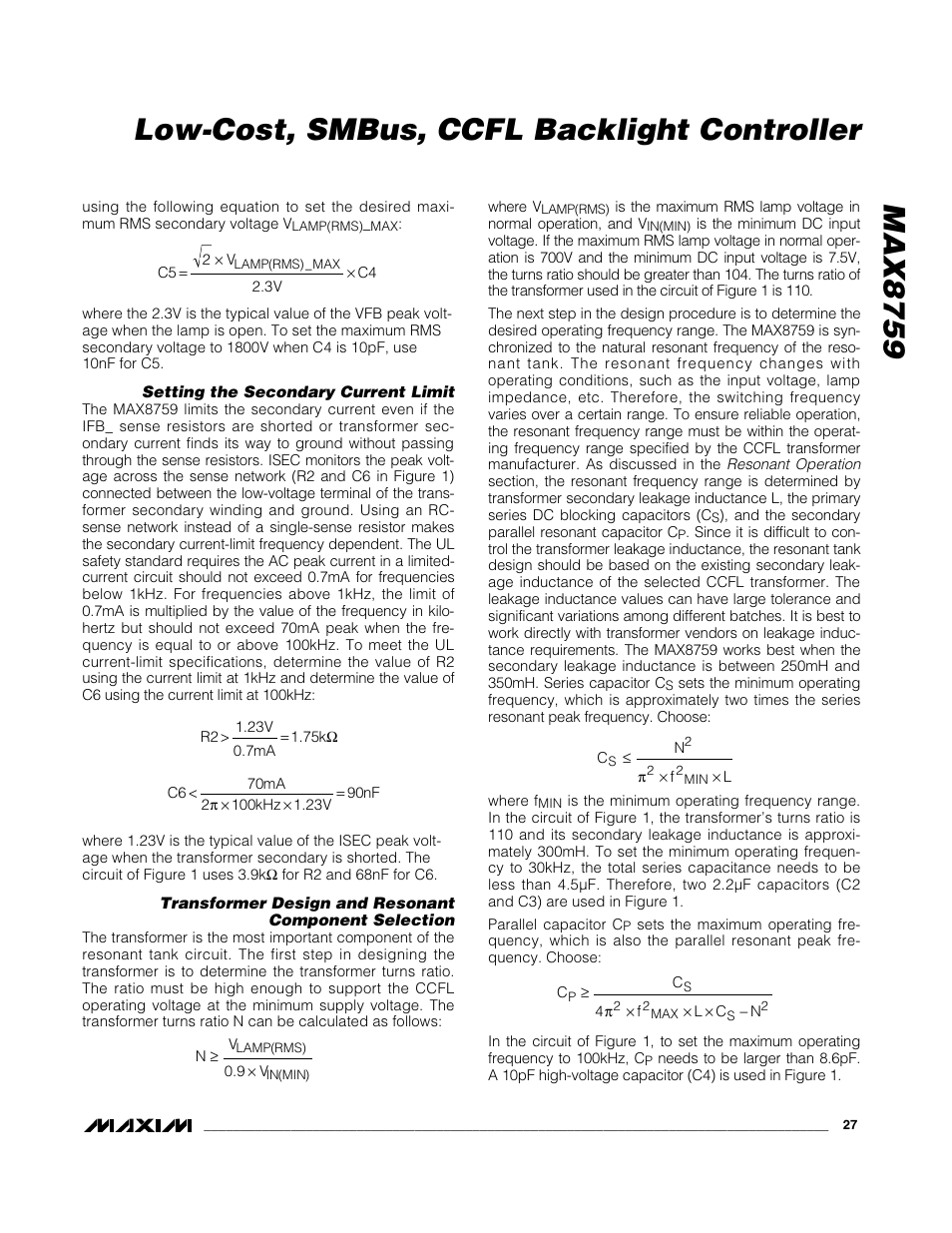 Max8759 low-cost, smbus, ccfl backlight controller | Rainbow Electronics MAX8759 User Manual | Page 27 / 31