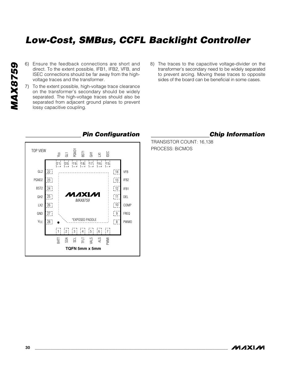 Max8759, Low-cost, smbus, ccfl backlight controller, Chip information | Pin configuration | Rainbow Electronics MAX8759 User Manual | Page 30 / 31