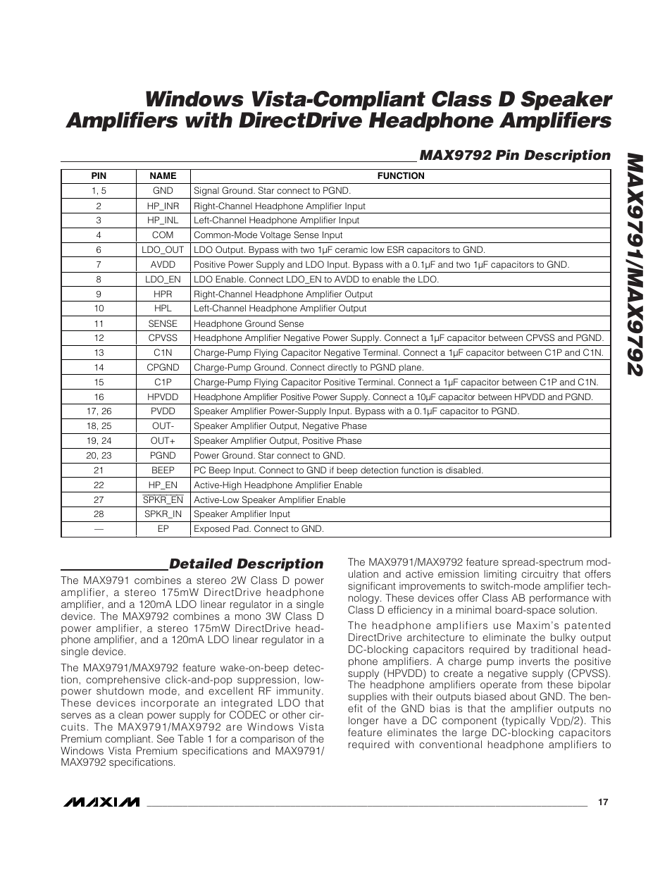 Detailed description, Max9792 pin description | Rainbow Electronics MAX9792 User Manual | Page 17 / 30