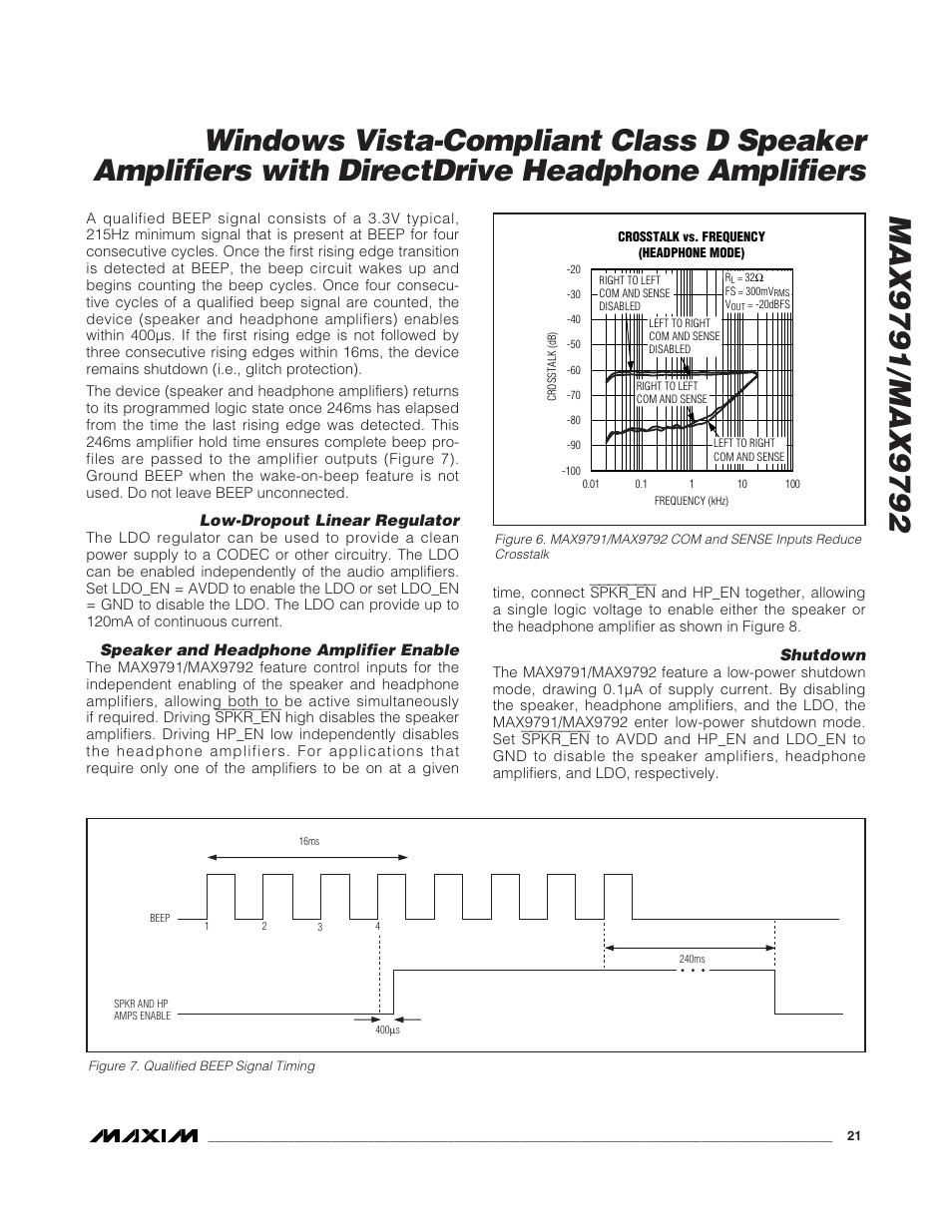 Low-dropout linear regulator, Speaker and headphone amplifier enable, Shutdown | Rainbow Electronics MAX9792 User Manual | Page 21 / 30