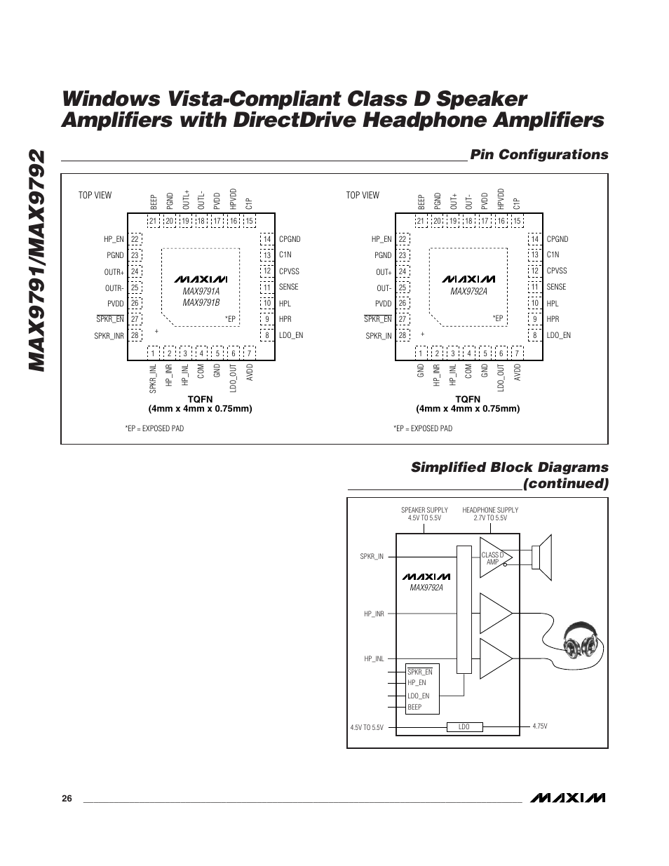 Simplified block diagrams (continued), Pin configurations | Rainbow Electronics MAX9792 User Manual | Page 26 / 30