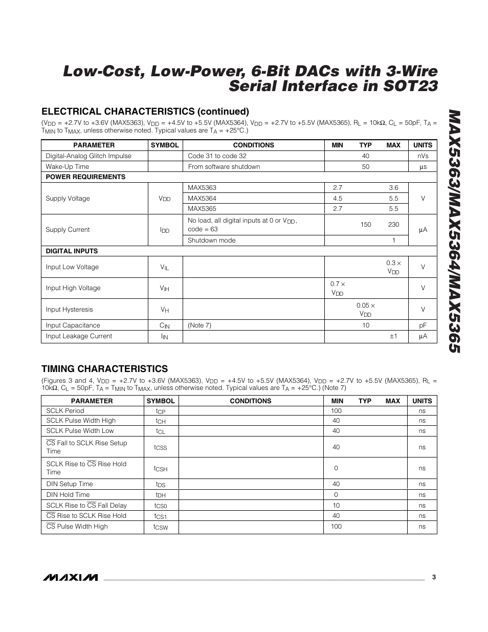 Electrical characteristics (continued), Timing characteristics | Rainbow Electronics MAX5365 User Manual | Page 3 / 12